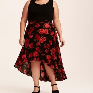 Torrid Women’s Skirt Size 2 (2X) Black Red Floral Hi-Low Midi Maxi Romantic Boho